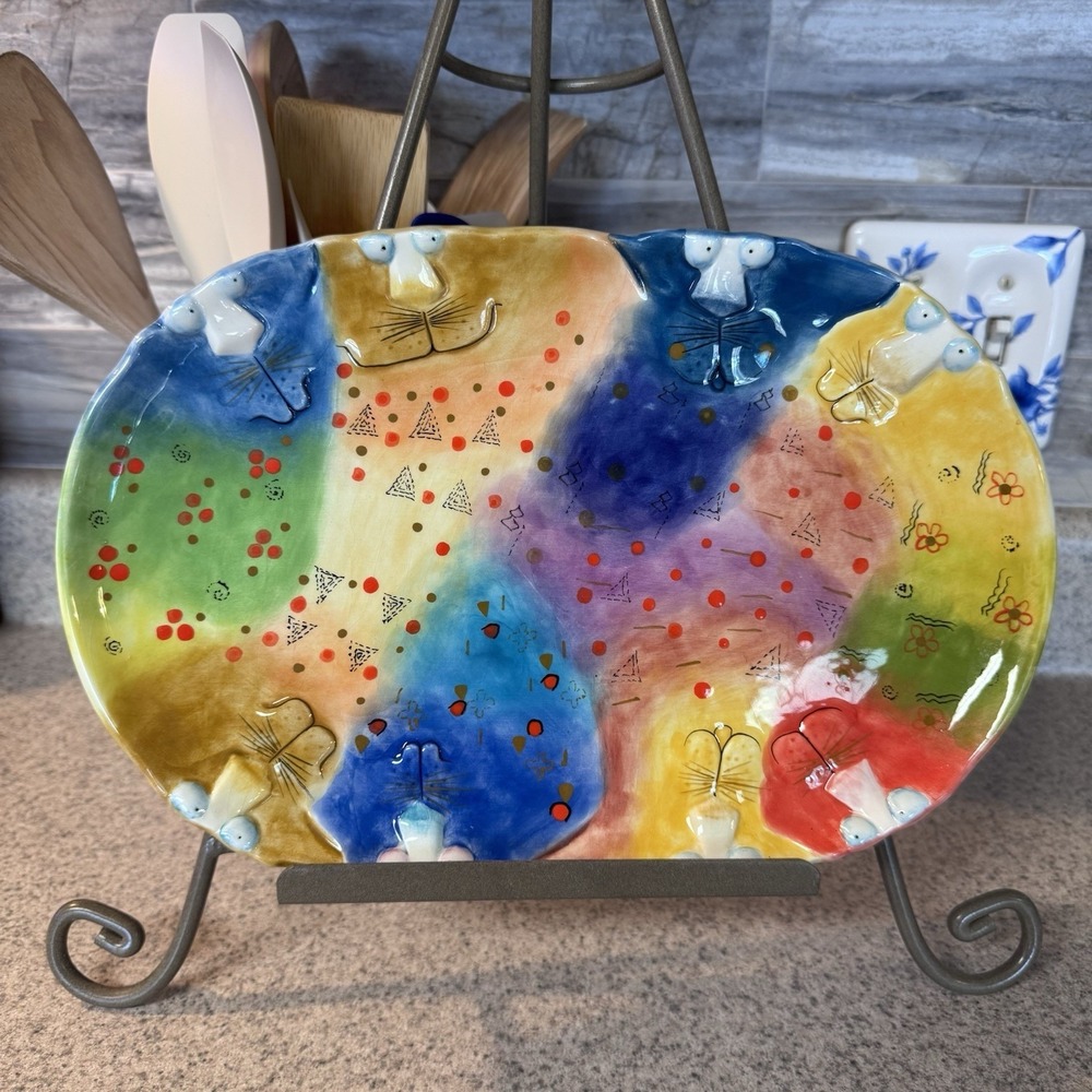 12 in Studio Designworks Joy Cat Platter Hand Painted Whimsical Cats Colorful